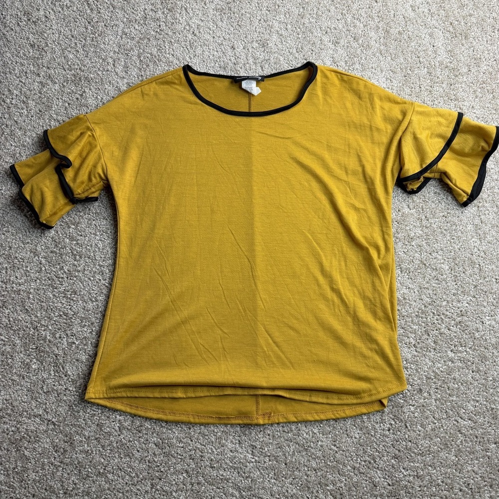 Vintage Inner Beauty Shirt Womens Large Yellow Ruffle Flutter Sleeve Black Trim